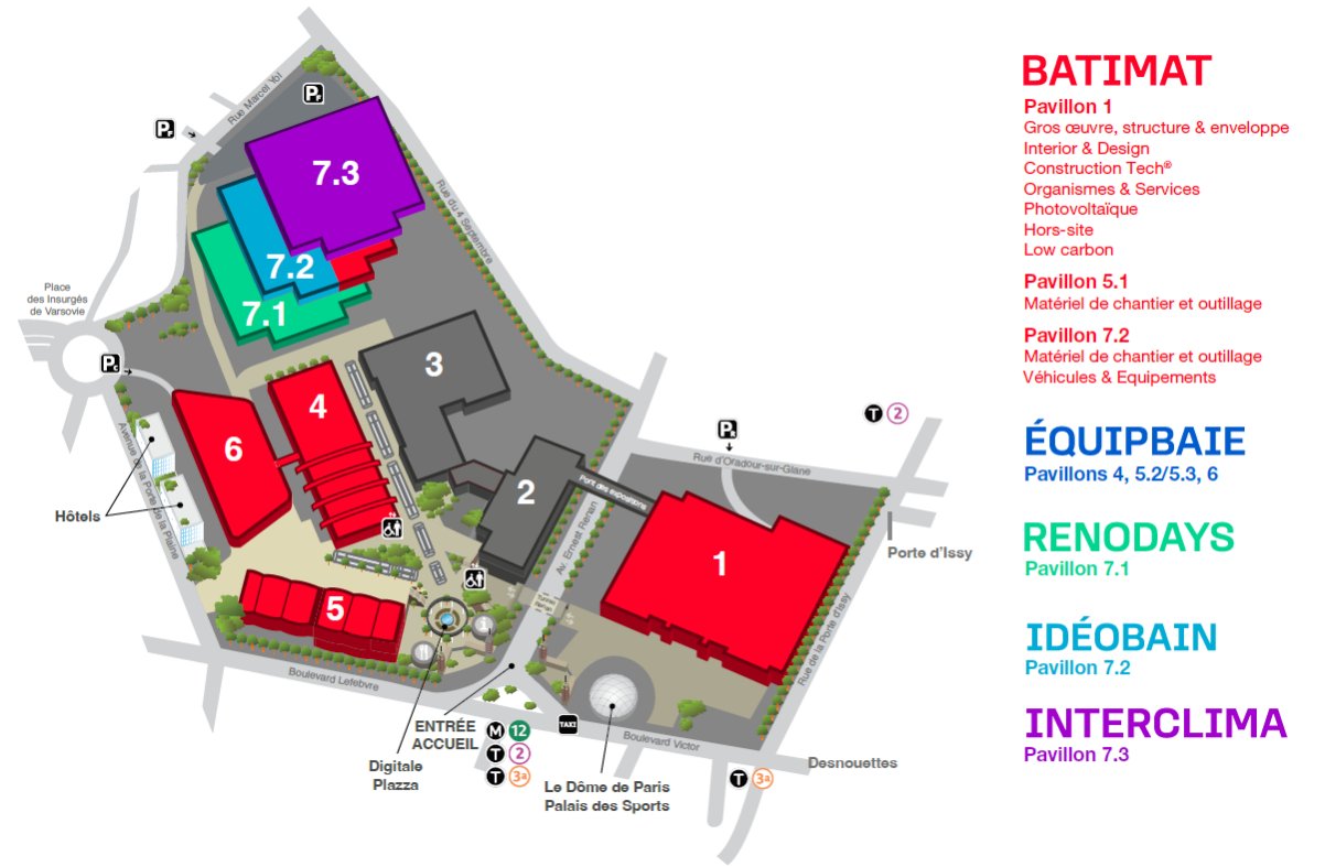 plan du salon Paris Builders Show en 2026 regroupant Batimat, Renodays, Idéobain et Interclima